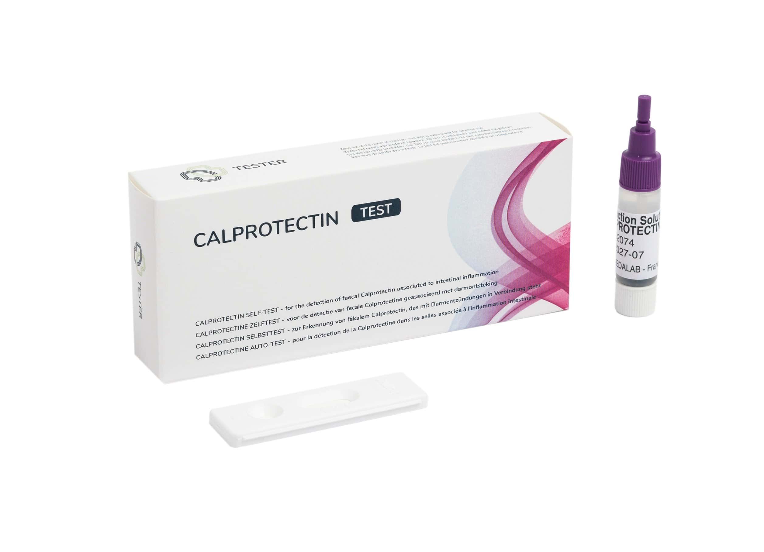 Test Calprotectina: confezione in cartone, cassetta di test e provetta con tappo contagocce.