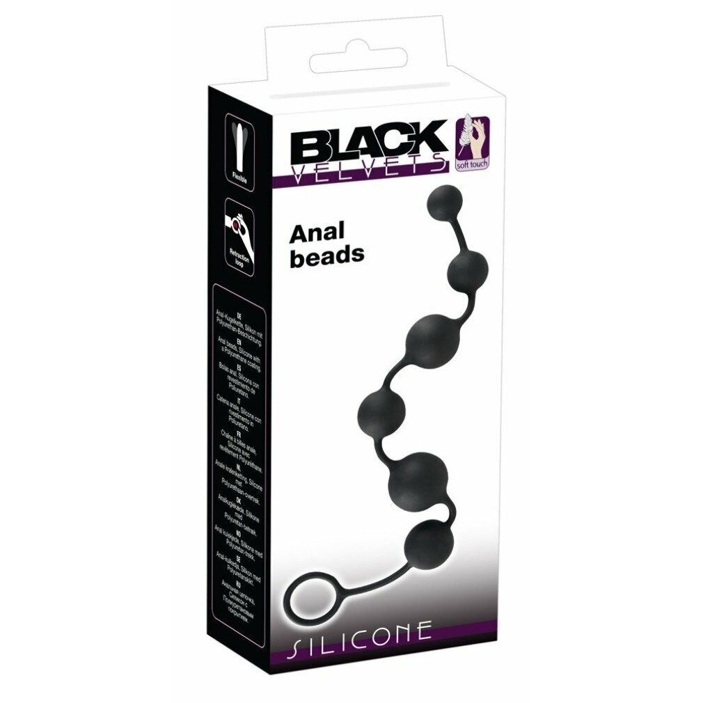 Perline anali nere in confezione. Marchio: Black Velvets. Testo: Anal beads, SILICONE. Confezione con immagine del prodotto.