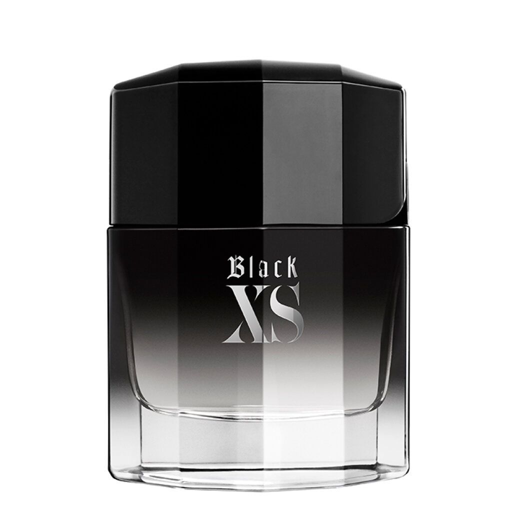 Flacone nero con tappo nero. Scritta Black XS. Forma angolare.