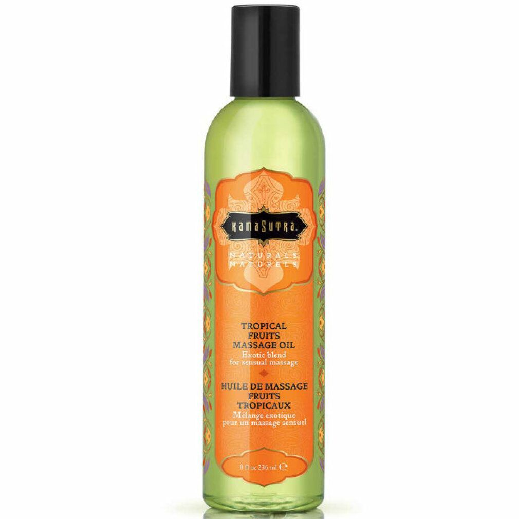Flacone verde con tappo nero. Etichetta Kama Sutra, Tropical Fruits Massage Oil. Etichetta arancione.