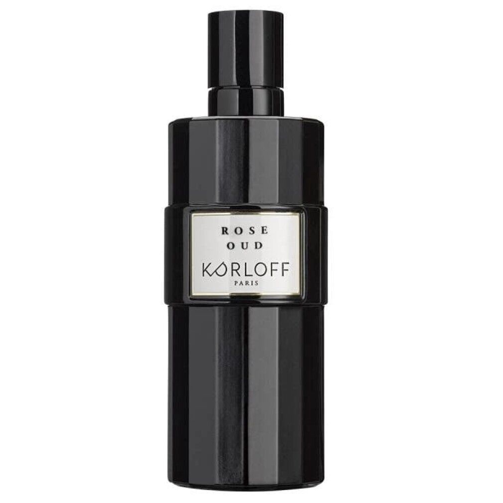 Flacone nero con etichetta bianca. Scritta: Rose Oud, KORLOFF PARIS. Tappo nero.