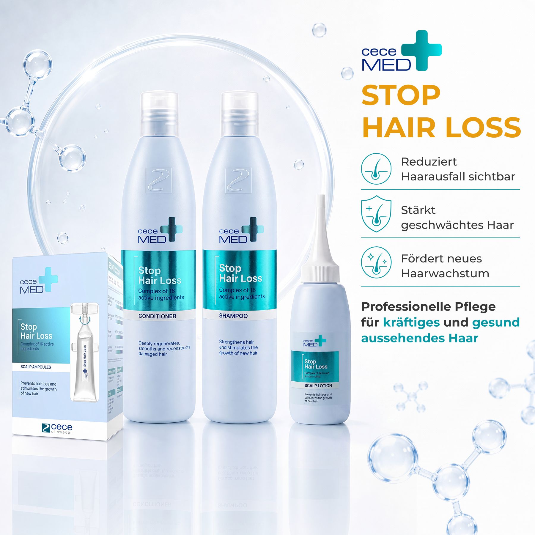 Cece Med Stop Hair Loss: Balsamo, shampoo e fiale per la cura dei capelli.