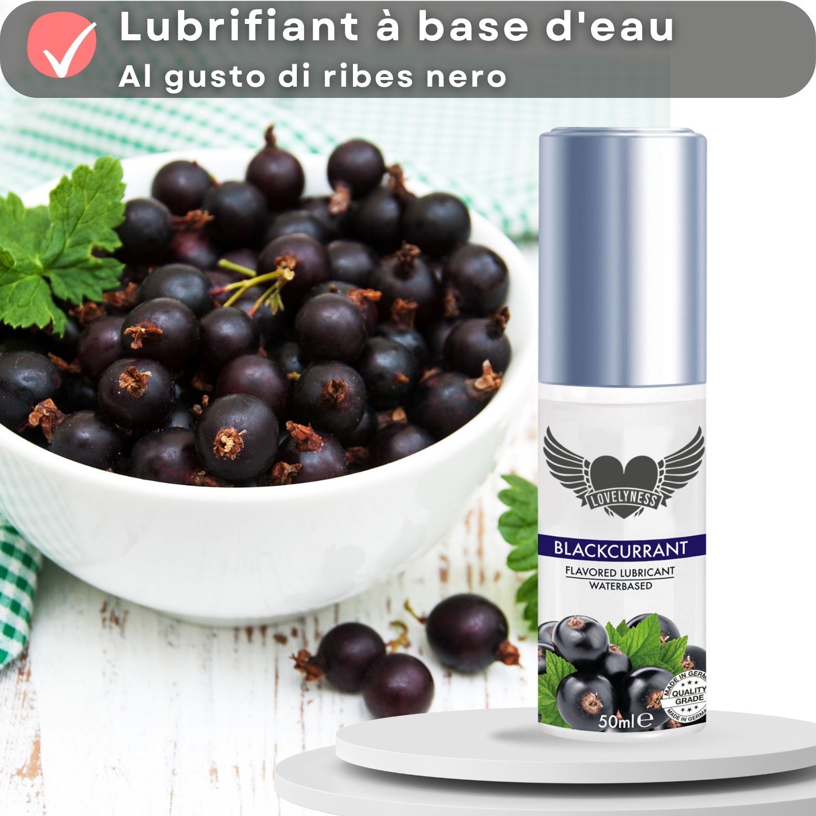 Lubrificante al gusto di ribes nero. A base d'acqua. Logo Lovelyness e nome Blackcurrant.