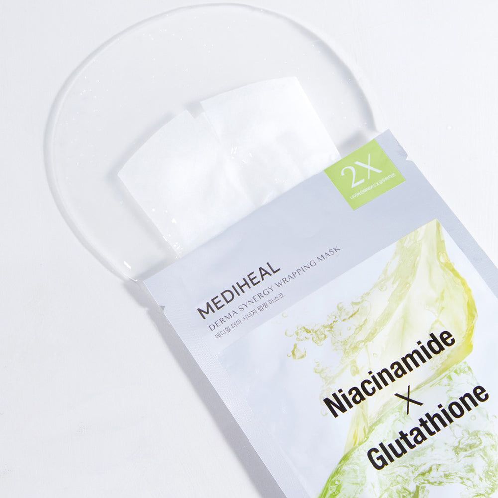 Confezione di MEDIHEAL Derma Synergy Wrapping Tuchmaske. Contiene due maschere. Scritta: Niacinamide X Glutathione.