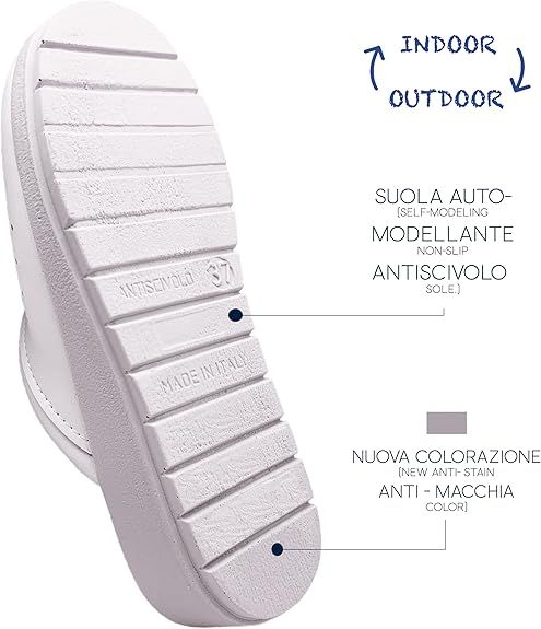 Suola di uno zoccolo in pelle bianca. Testo: 'ANTISCIVOLO', 'MADE IN ITALY'. Taglia 37. Frecce: Indoor/Outdoor.
