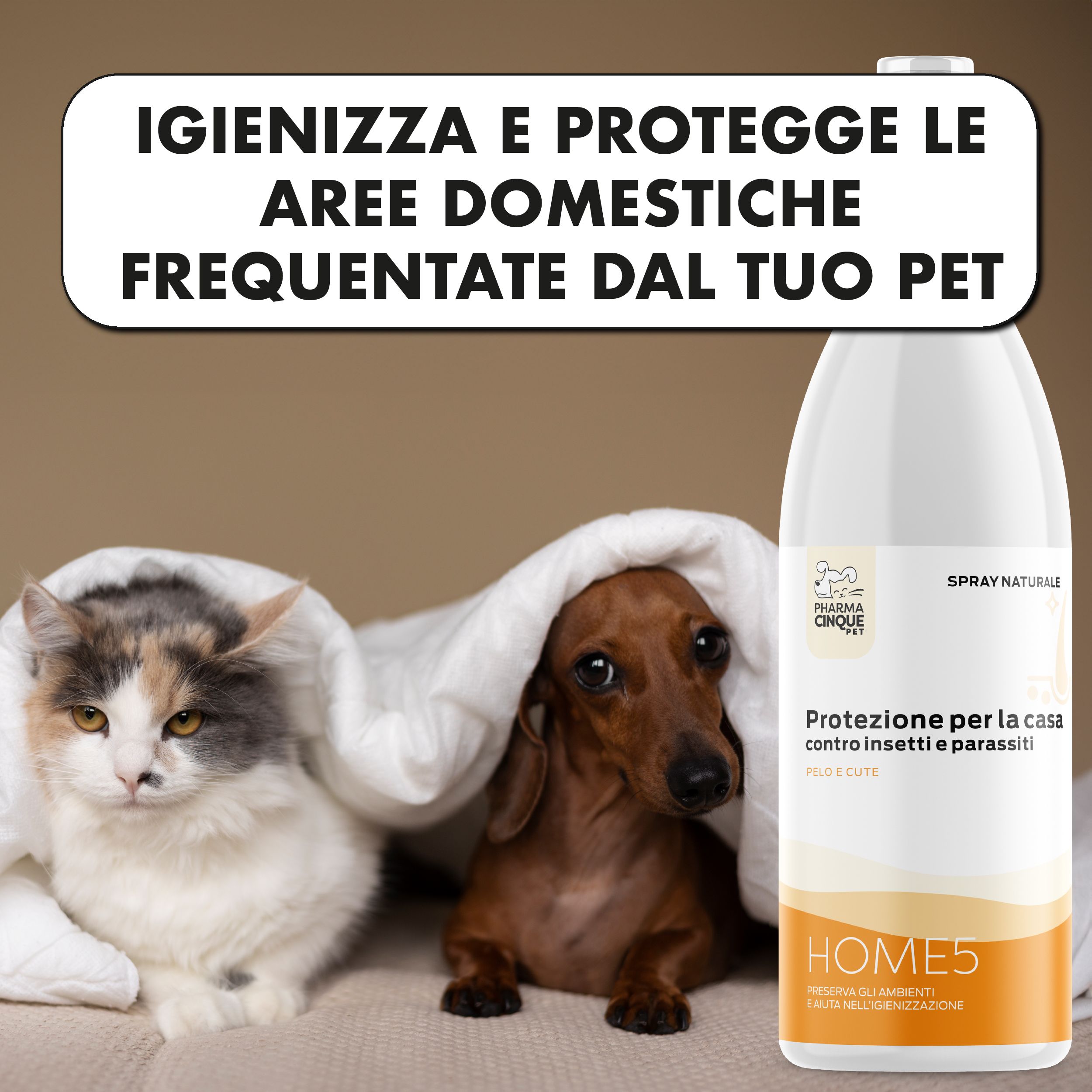 Spray per igienizzare e proteggere le aree domestiche degli animali, con gatto e cane.