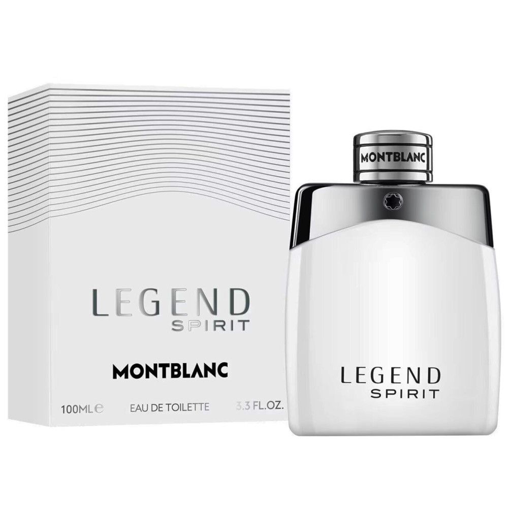 Eau de Toilette Legend Spirit bianco di Montblanc. Flacone e confezione. Flacone con tappo argentato. Confezione con scritta Legend Spirit.