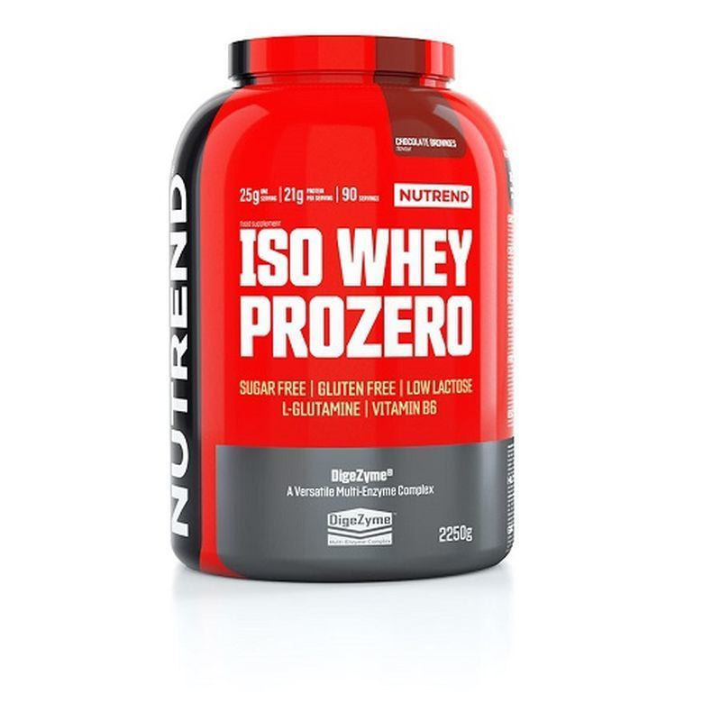 Barattolo Nutrend ISO WHEY PROZERO, 2250g, gusto Chocolate Brownie. Senza zuccheri, senza glutine, a basso contenuto di lattosio.