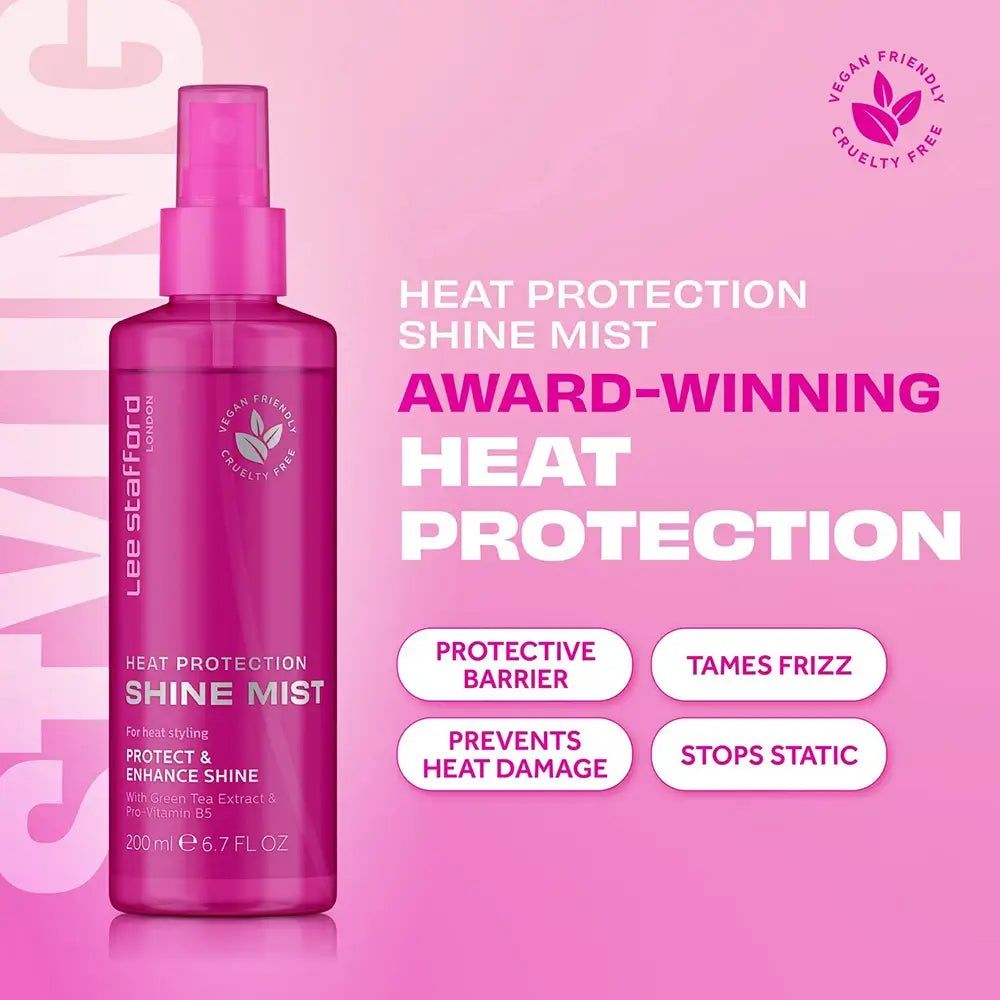 Lee Stafford Heat Protection Shine Mist che evidenzia i vantaggi come protezione e lucentezza.