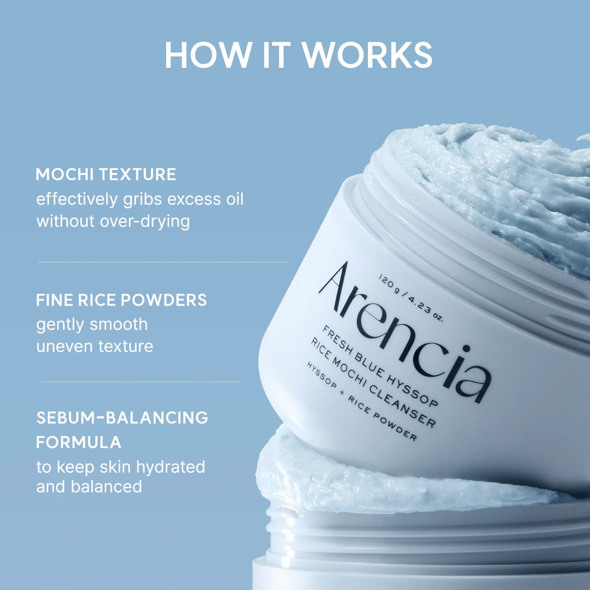 Testo con informazioni sul prodotto. Contiene: texture mochi, polveri di riso fini, formula equilibrante il sebo. Nome: Arencia.