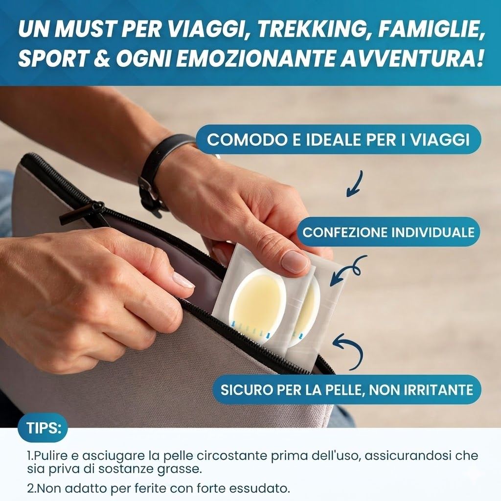 Mano che apre una borsa. Testo: Un must per viaggi, trekking, famiglie, sport & ogni emozionante avventura! Confezione individuale. Sicuro per la pelle.