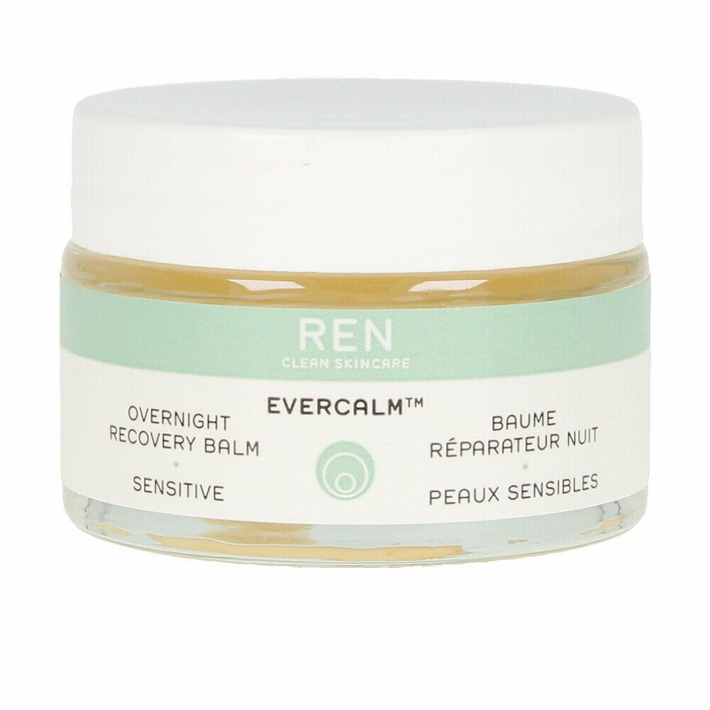Vasetto di vetro con coperchio bianco. Scritta: REN CLEAN SKINCARE, EVERCALM, Overnight Recovery Balm, Sensitive. Fascia turchese.