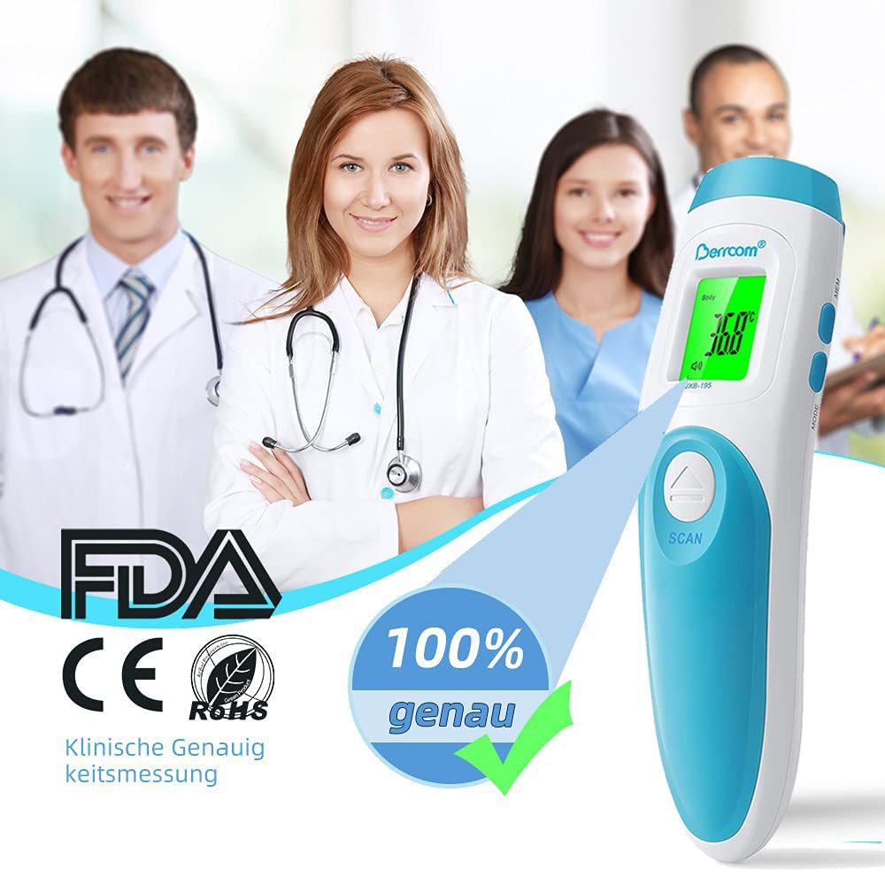 Termometro con medici sullo sfondo. Certificazioni FDA e CE. Testo: 100% preciso. Marchio: Berrcom.