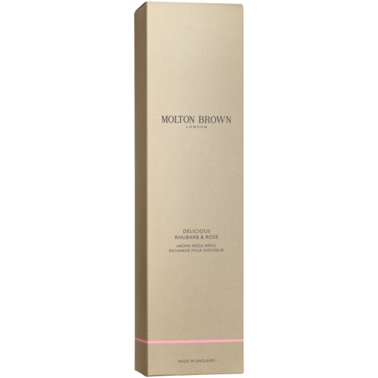 Scatola di cartone rettangolare alta. Scritta: Molton Brown London, Delicious Rhubarb & Rose, Aroma Reed Refill, Recharge pour diffuseur.