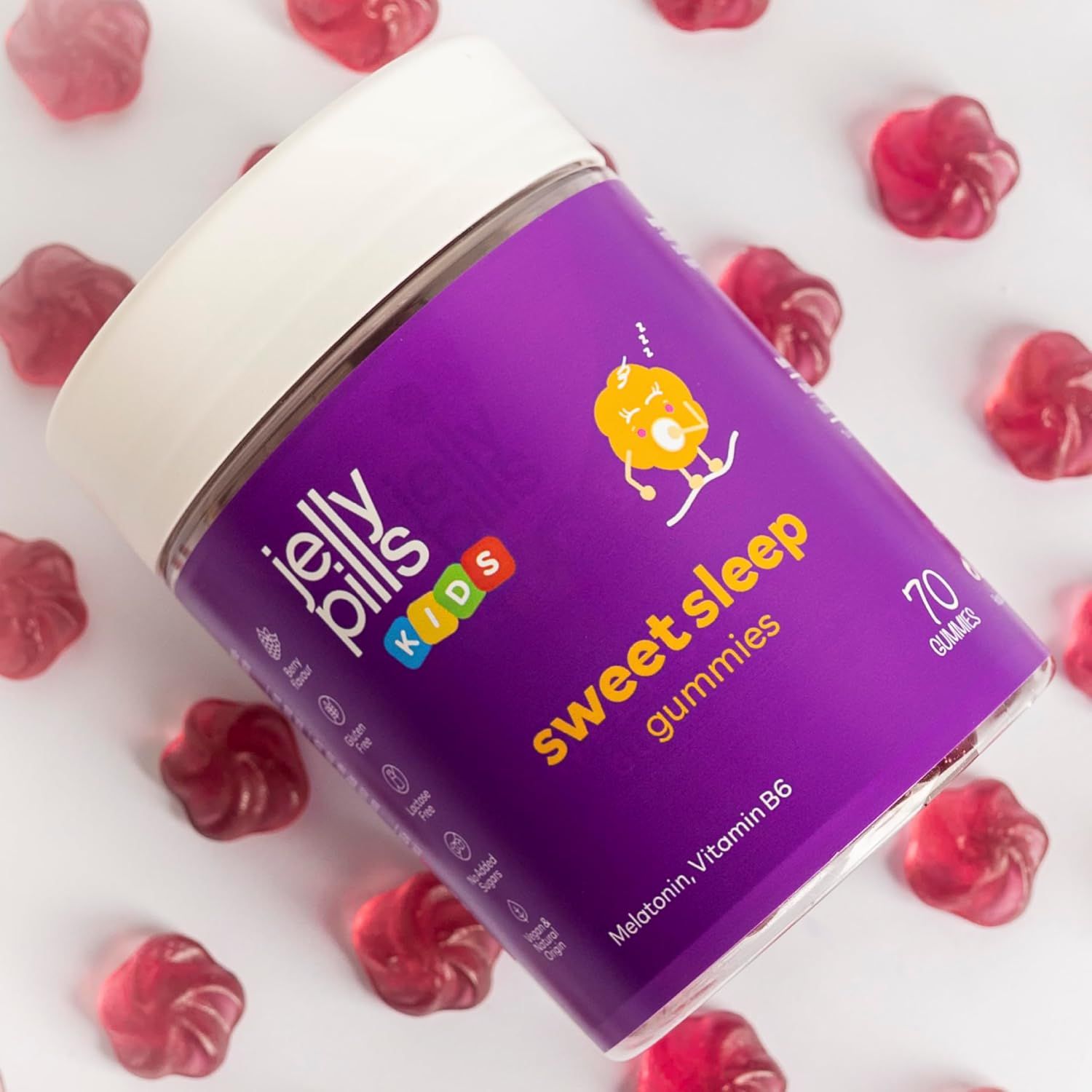 Barattolo Jelly Pills e caramelle gommose. Scritta: Sweet Sleep Gummies. 70 caramelle gommose. Caramelle gommose su sfondo bianco.