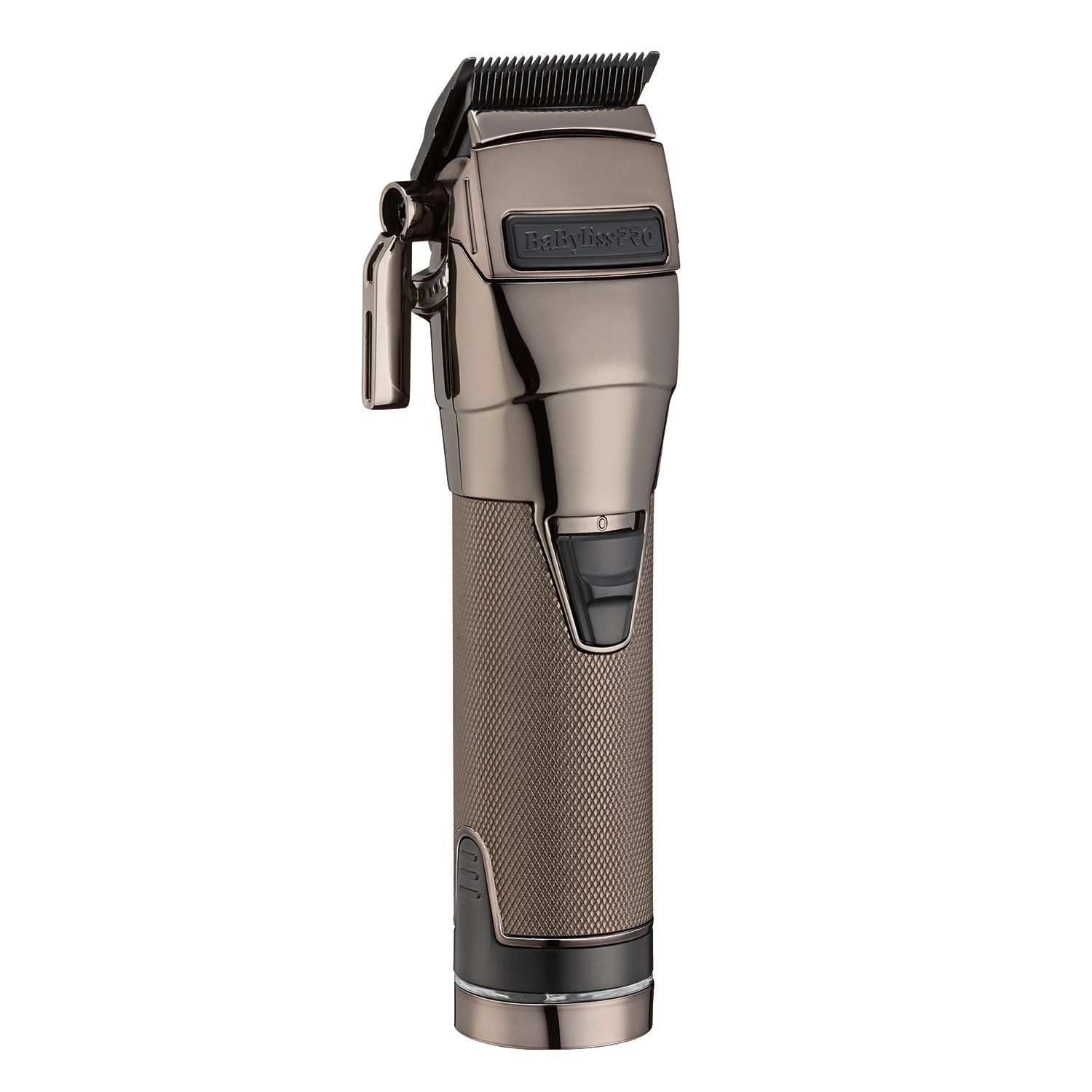 Tagliacapelli, argento e nero. Logo BaBylissPRO. Vista laterale.