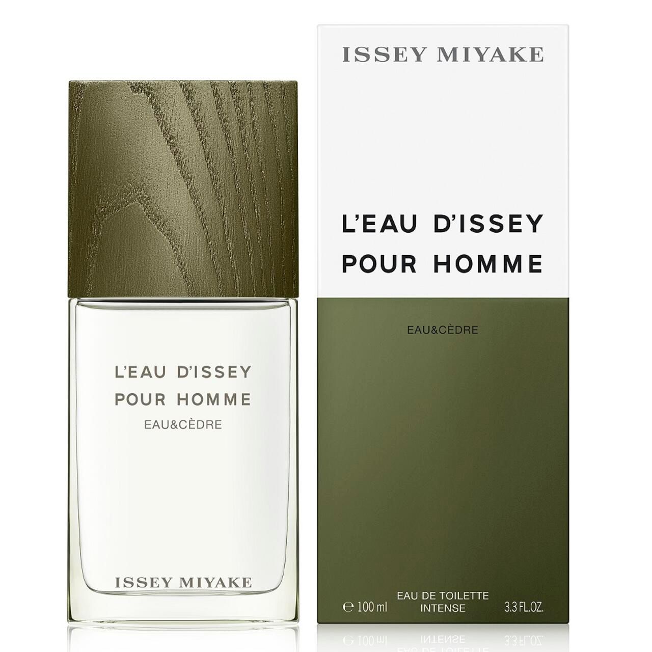 Flacone e confezione. Scritta: L'EAU D'ISSEY POUR HOMME EAU&CÈDRE. Marchio: ISSEY MIYAKE. Sulla confezione: 100 ml.