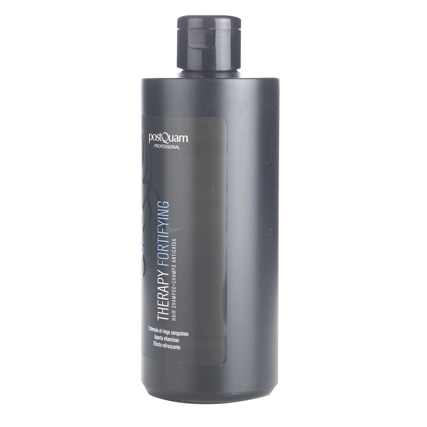 Flacone di shampoo nero con testo "Postquam Professional" e "Therapy Fortifying".