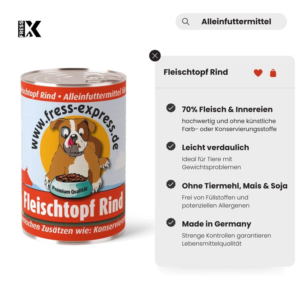 Lattina di cibo per cani con etichetta. Scritta: Fleischtopf Rind, www.fress-express.de. Cane con ciotola. Testo: 70% carne e interiora, facile da digerire.