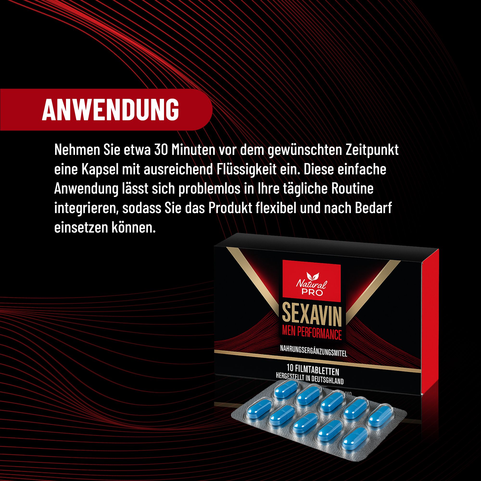 Scatola "SEXAVIN" e blister di compresse. Testo: "ANWENDUNG". Sfondo nero.