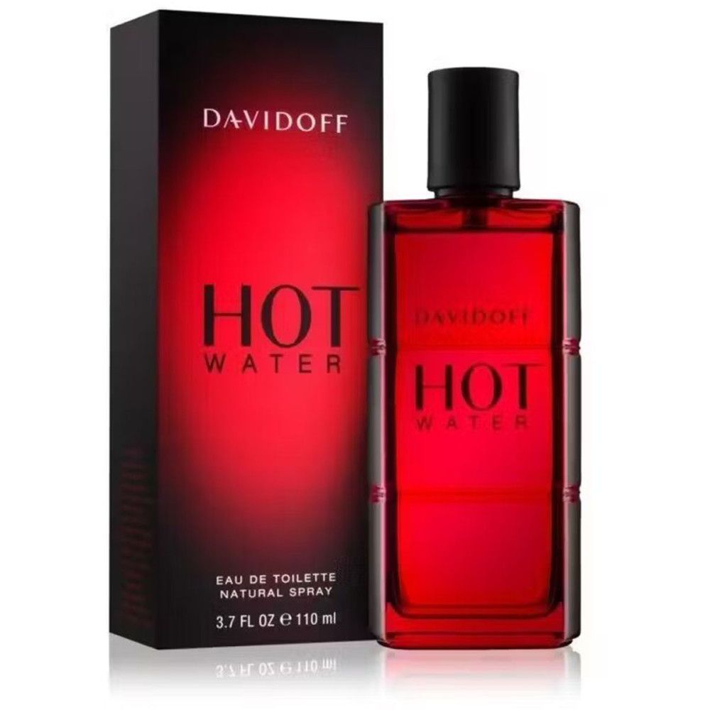 Davidoff Hot Water Eau de Toilette. Flacone rosso e confezione nera. Scritta: HOT WATER, DAVIDOFF.