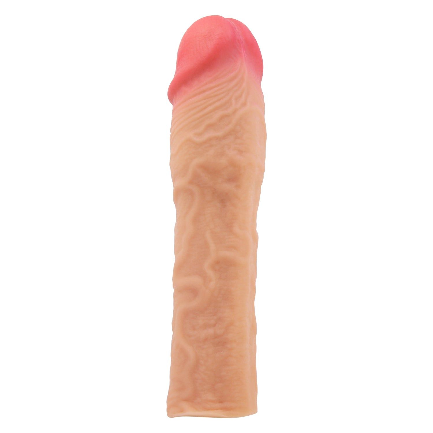 Prolunga per pene beige con testa rosa. Superficie nervata, forma anatomica. Su sfondo bianco.