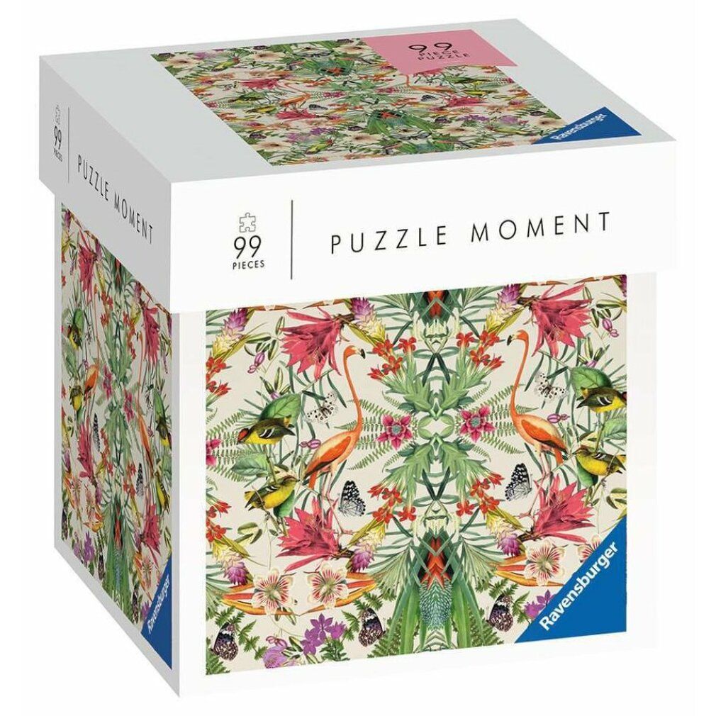 Puzzle Moment Tropical, 99 pezzi. Confezione cubica con motivo tropicale. Logo Ravensburger.