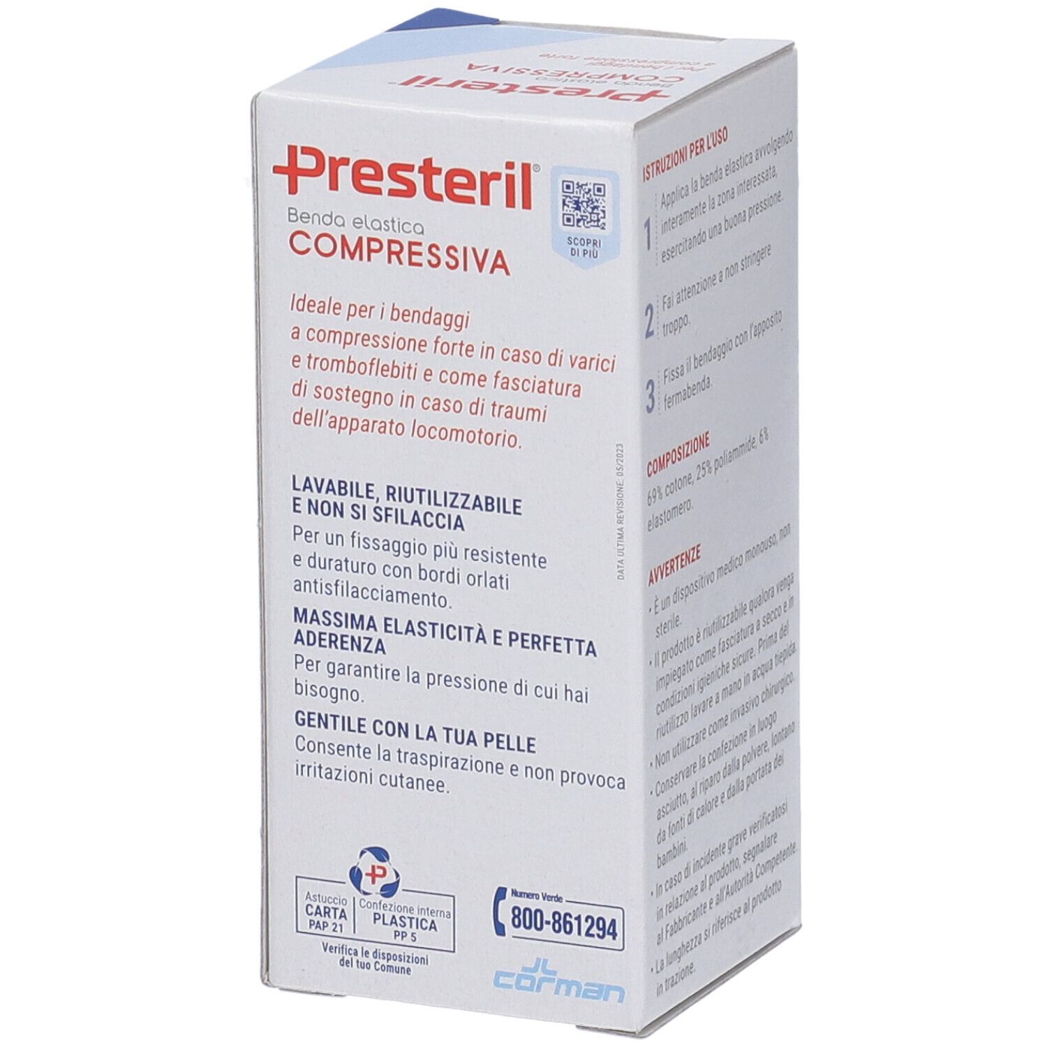 Confezione di Presteril Benda Elastica Compressiva. Informazioni sull'uso e proprietà. 8cm x 4,5m.