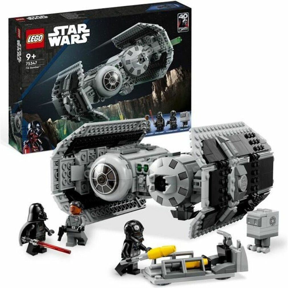 LEGO Star Wars 75347 TIE Bomber. Modello di astronave grigia e minifigure. Confezione sullo sfondo. Età: 9+.