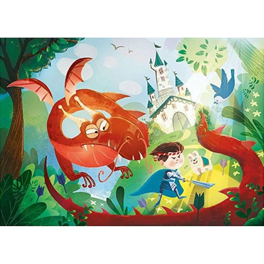 Illustrazione puzzle: cavaliere combatte contro un drago. Castello sullo sfondo. Giovane personaggio con una spada. Colori vivaci.