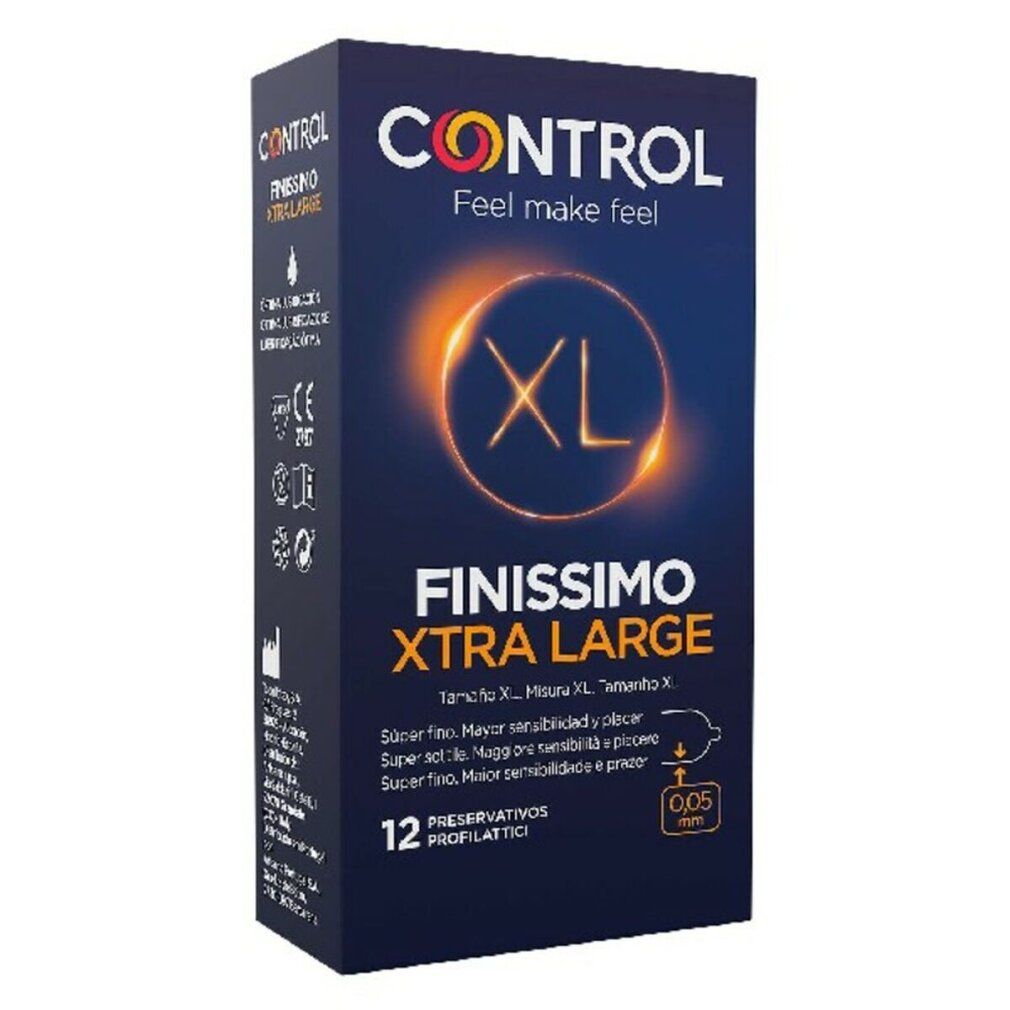 Confezione di profilattici CONTROL FINISSIMO XTRA LARGE. Contiene 12 pezzi. Con indicazione XL e marchio CE.