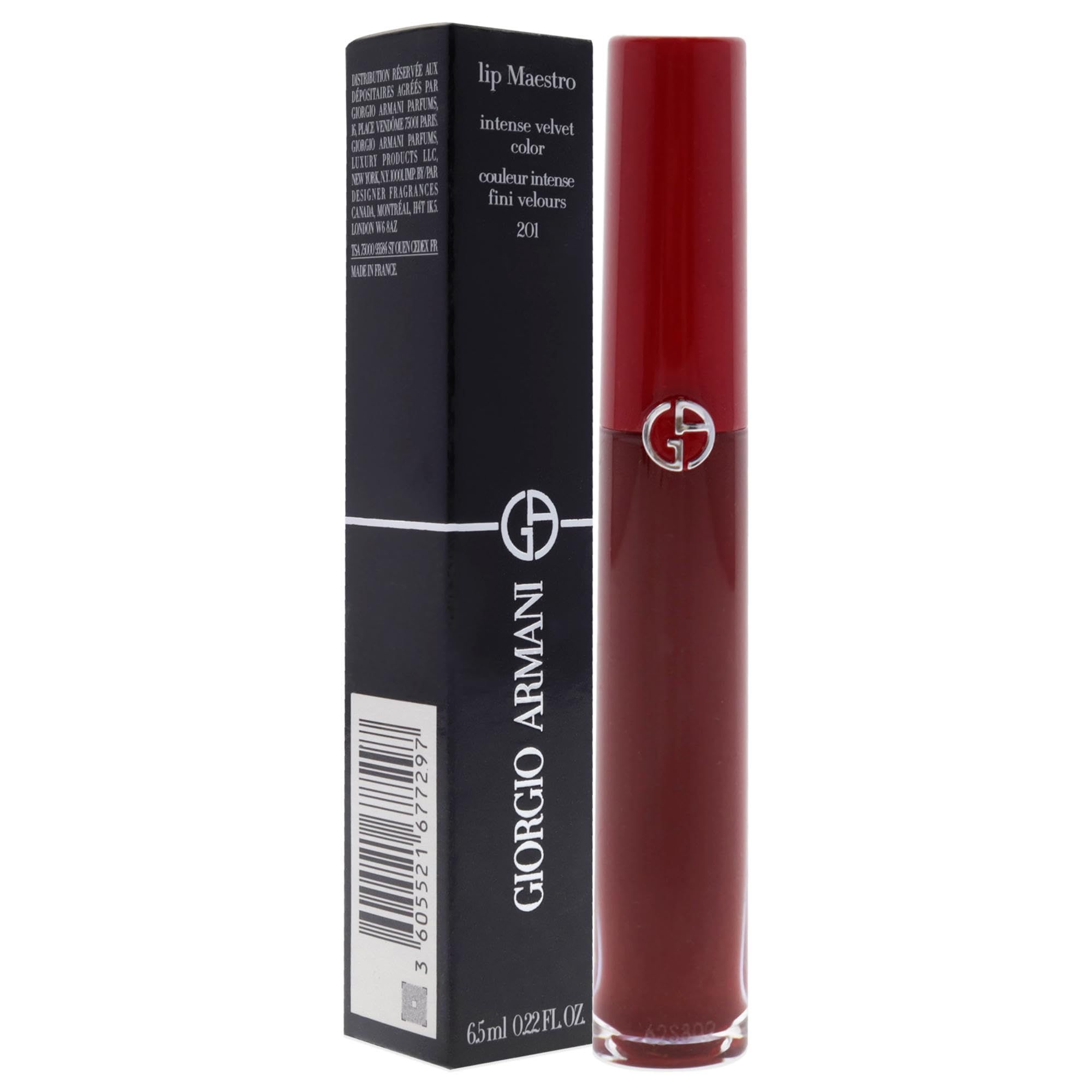 Rossetto Giorgio Armani Lip Maestro e confezione. Confezione nera con nome del prodotto e logo del marchio.