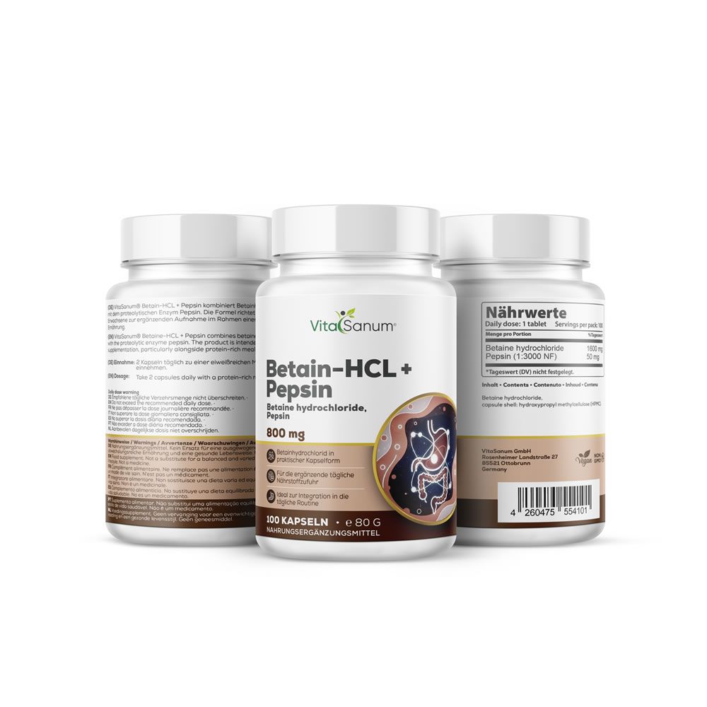 Tre flaconi bianchi VitaSanum® Betaina-HCL + Pepsina. Scritta: 800 mg, 100 capsule. Illustrazione del sistema digestivo.