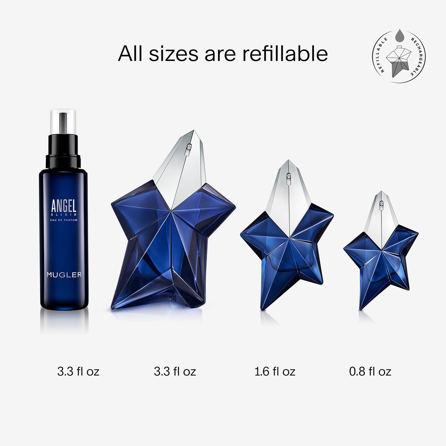 Diverse misure di flaconi a stella: 3.3 fl oz, 1.6 fl oz, 0.8 fl oz. Flacone spray nero. Testo: "All sizes are refillable".