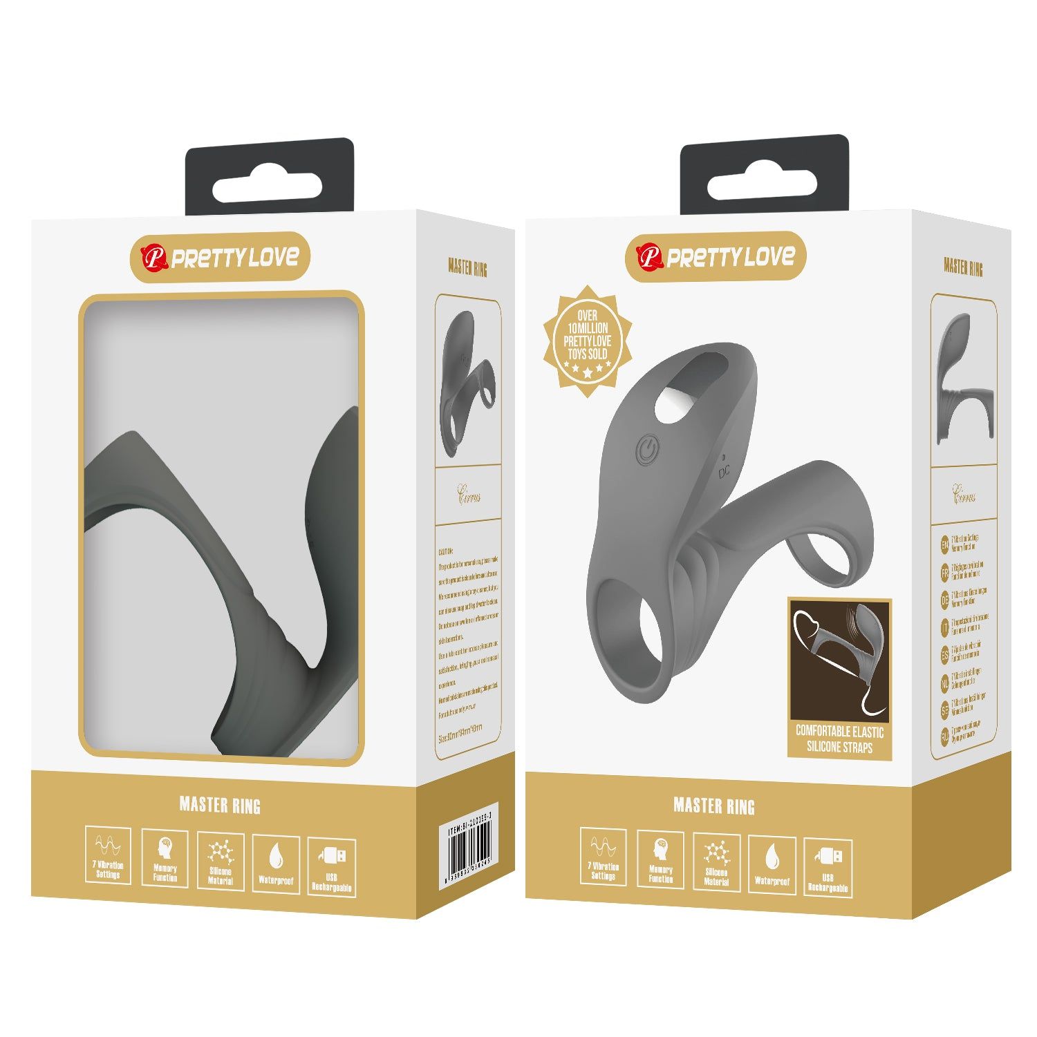 Due confezioni con prodotto. Scritta 'PRETTY LOVE' e 'MASTER RING'. Prodotto grigio visibile.