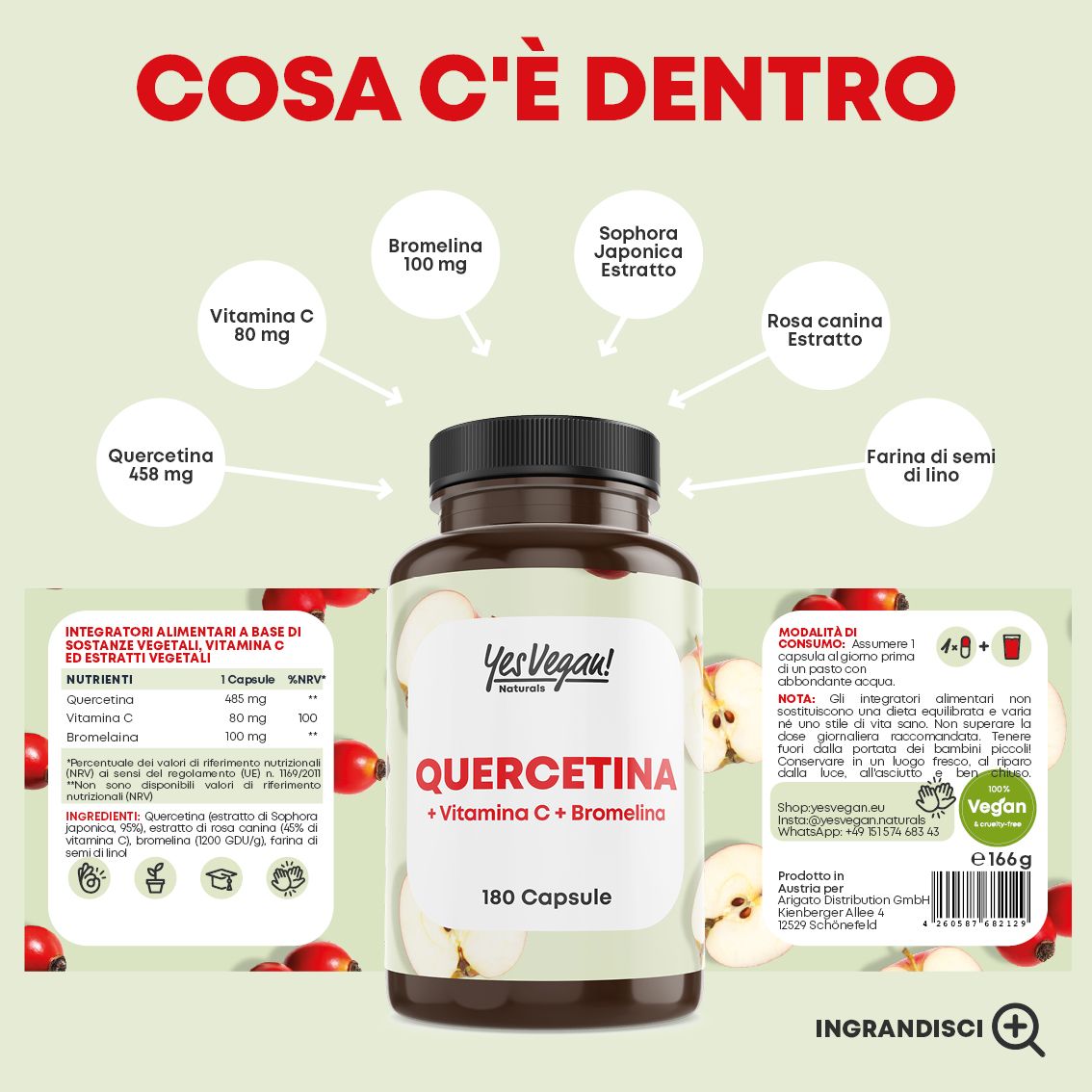 Flacone da 180 capsule di Quercetina + Vitamina C + Bromelina, con panoramica ingredienti.