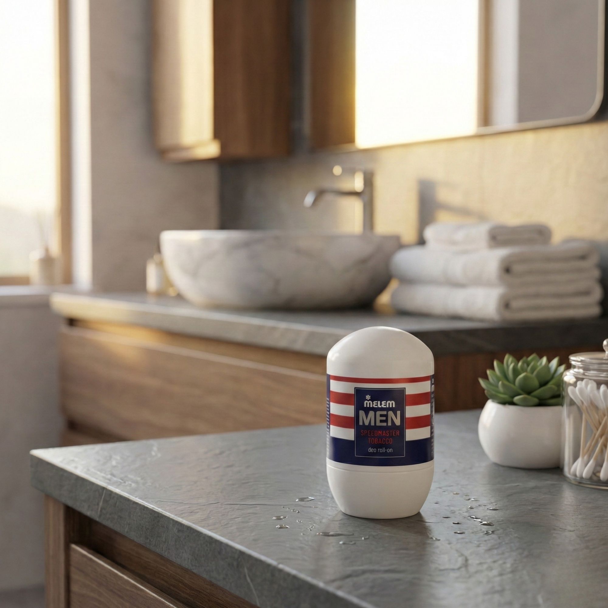 Deodorante bianco con fascia rossa, bianca e blu. Sul ripiano del bagno. Specchio, lavandino e asciugamani sullo sfondo.
