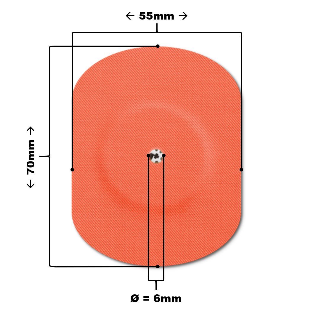 Cerotto ovale arancione con foro di ventilazione. Dimensioni: 70x55mm, foro Ø 6mm. Superficie tessuta. Per dispositivi medici.