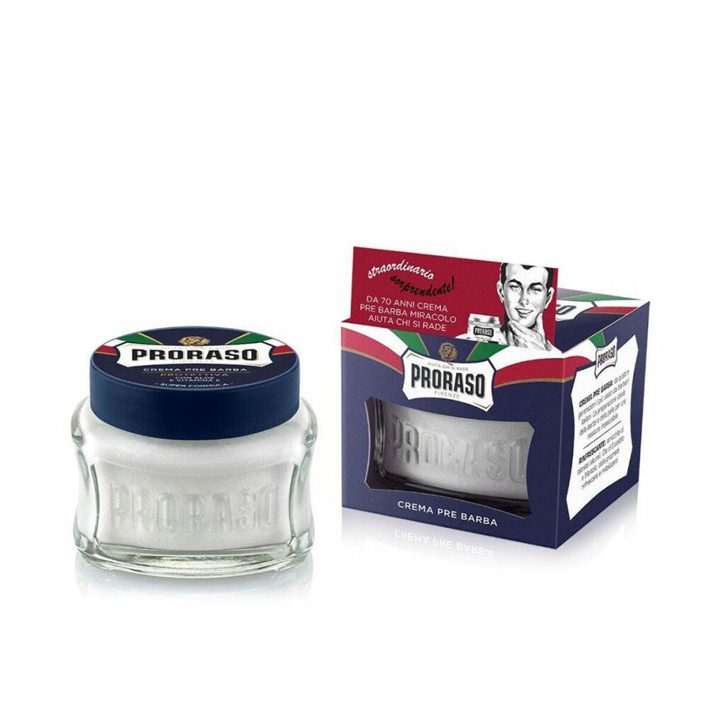 Barattolo di vetro con coperchio blu, nome del prodotto e testo. Accanto, una scatola con il nome del prodotto e l'immagine di un uomo.