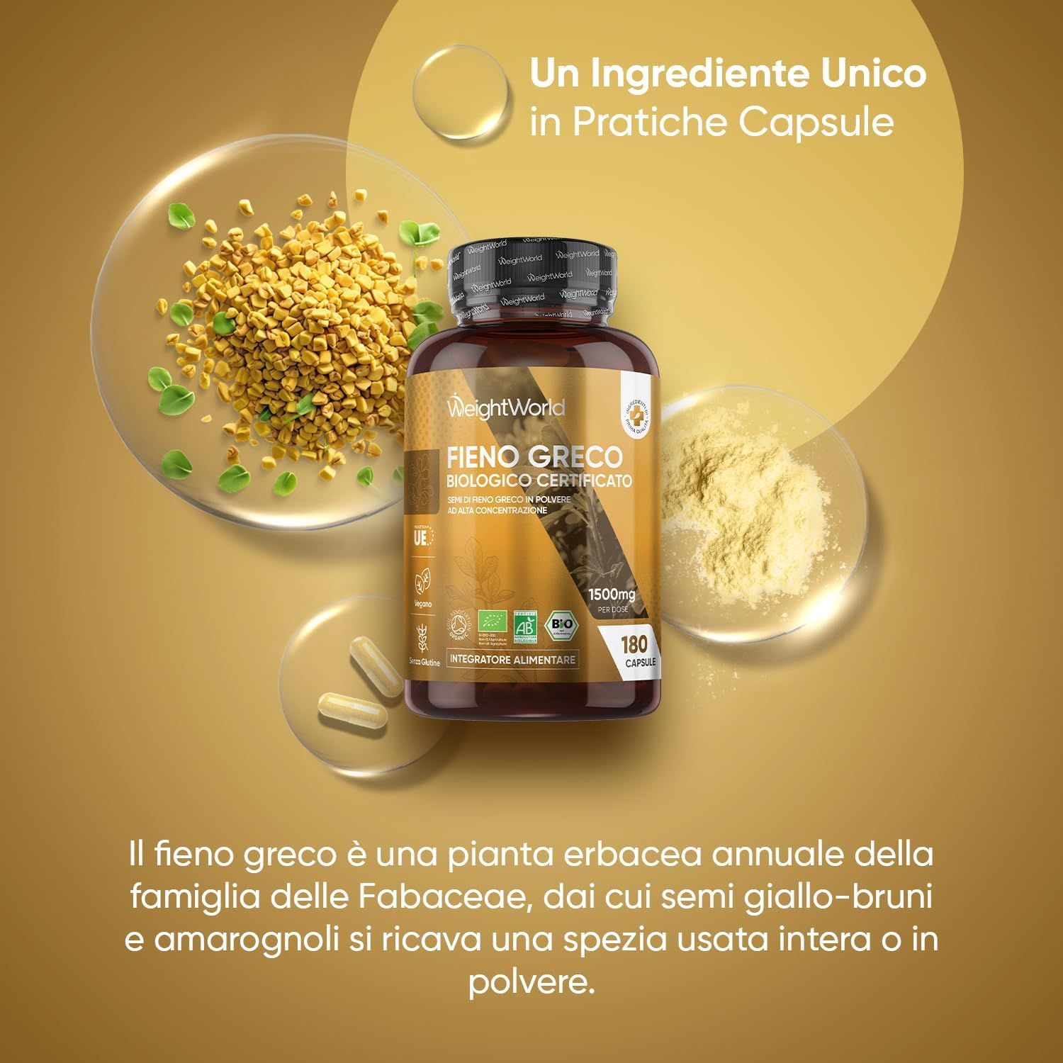 Immagine del prodotto con flacone e ingredienti. Testo: Un Ingrediente Unico in Capsule Pratiche. Fieno Greco biologico certificato, 1500mg, 180 capsule.