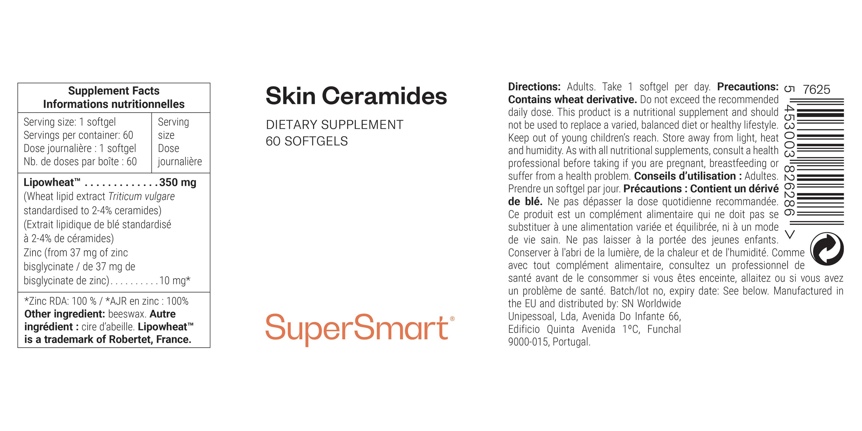 Integratore alimentare Skin Ceramides. 60 softgels. Contiene Lipowheat e zinco. Logo SuperSmart. Testo in inglese e francese.