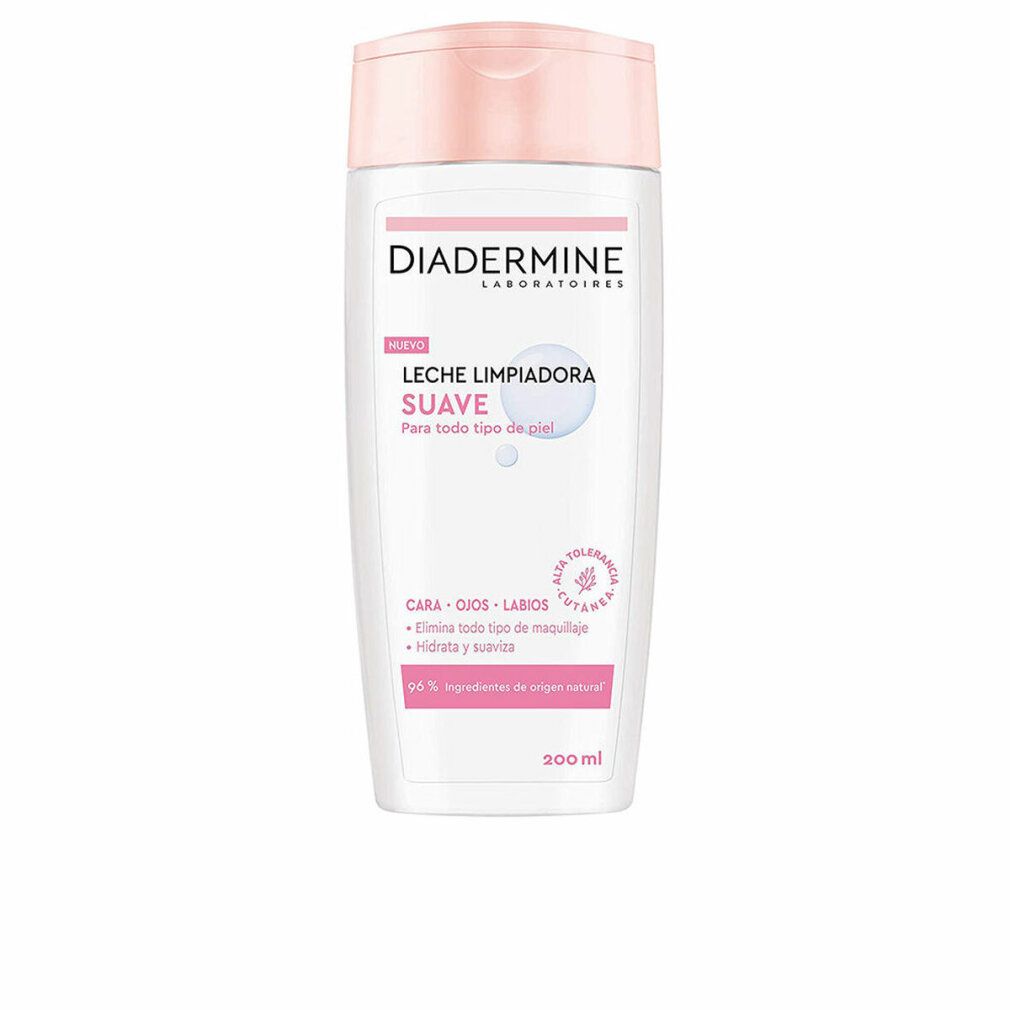 Diadermine Latte detergente. Flacone bianco, tappo rosa. Testo: 'LECHE LIMPIADORA SUAVE'. Per tutti i tipi di pelle. 200 ml.