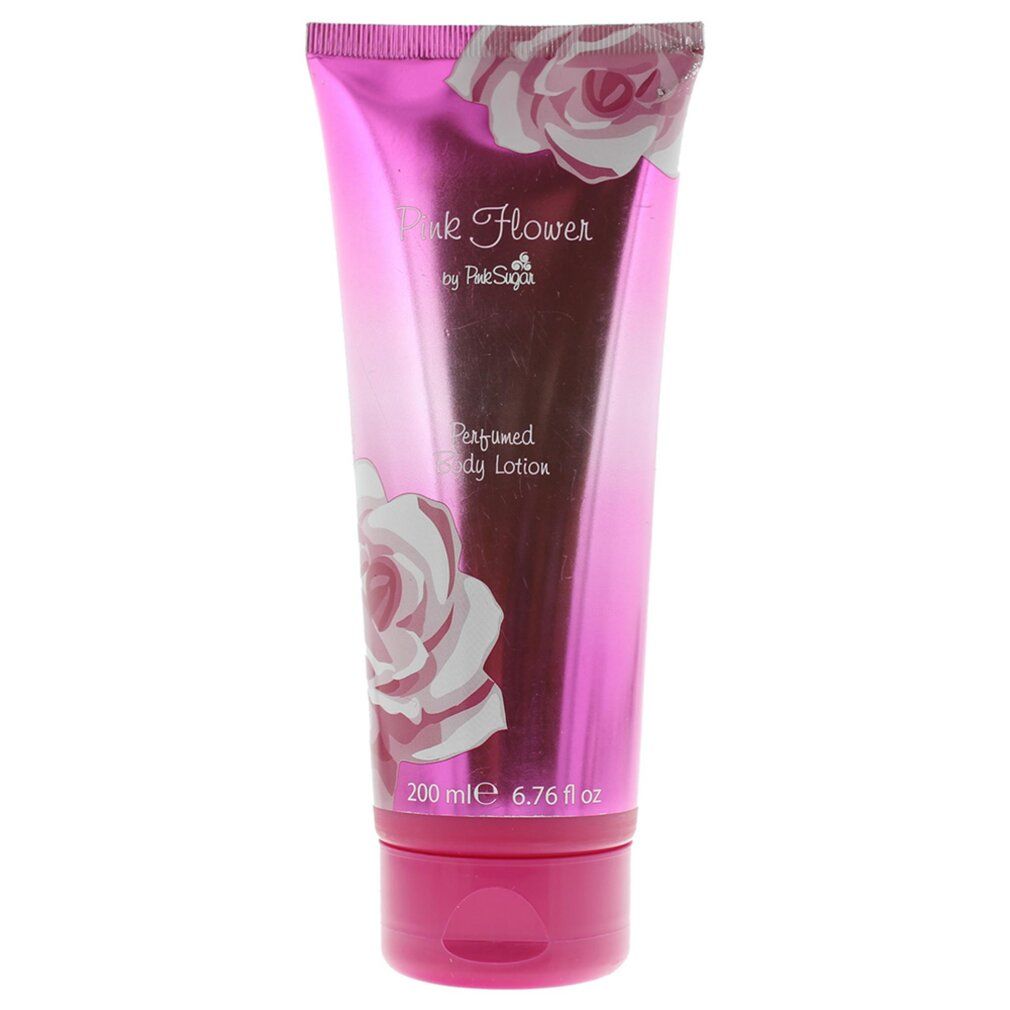 Tubo rosa con design floreale. Testo: Pink Flower, Perfumed Body Lotion. In basso: 200 ml, 6.76 fl oz.