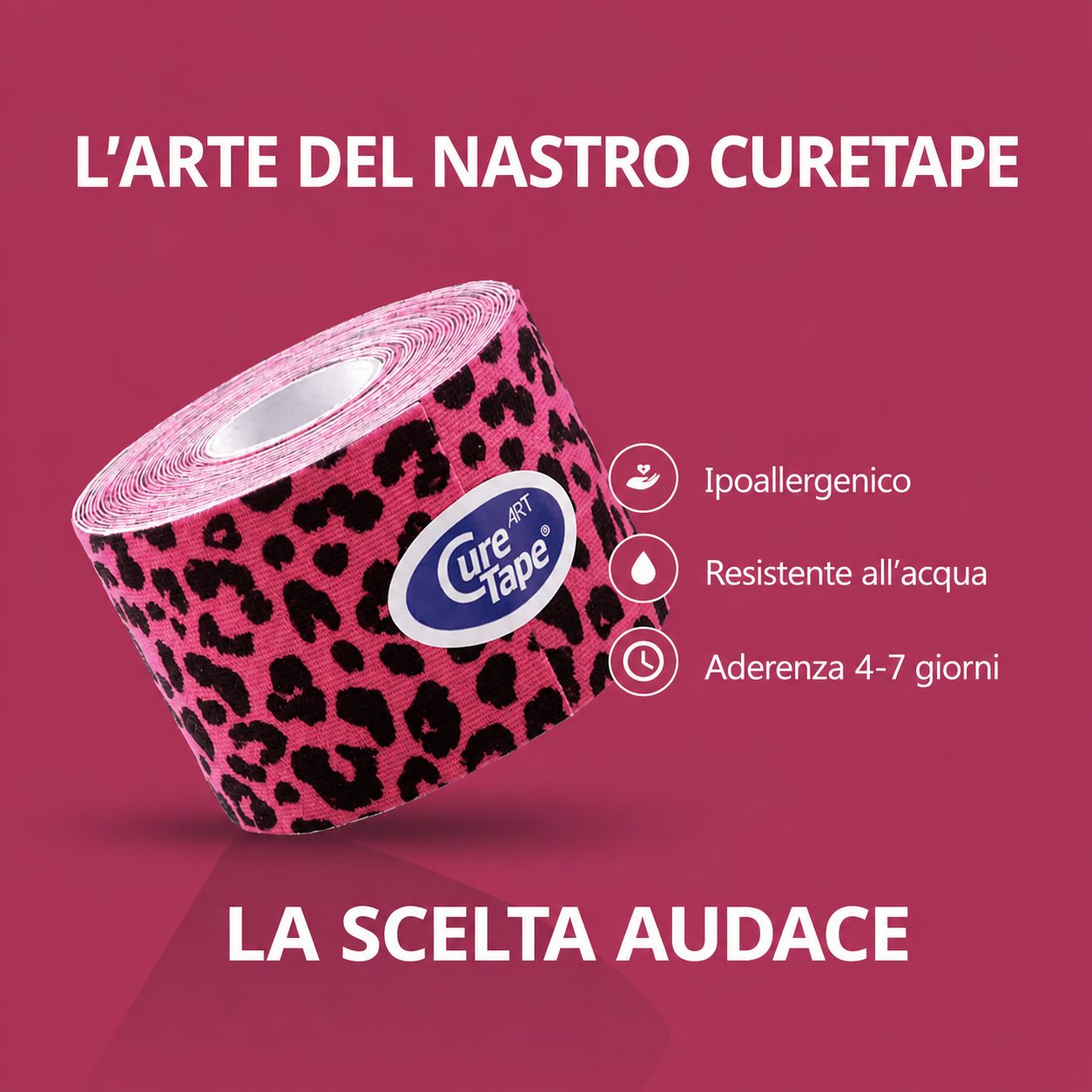 Rotolo e confezione di Kinesio Tape CureTape con stampa leopardata rosa.