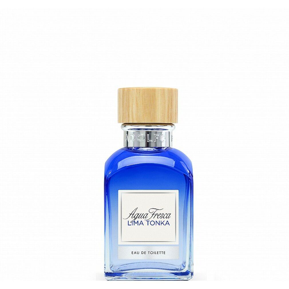 Flacone di profumo blu con tappo in legno. Scritta: Agua Fresca Lima Tonka Eau de Toilette.