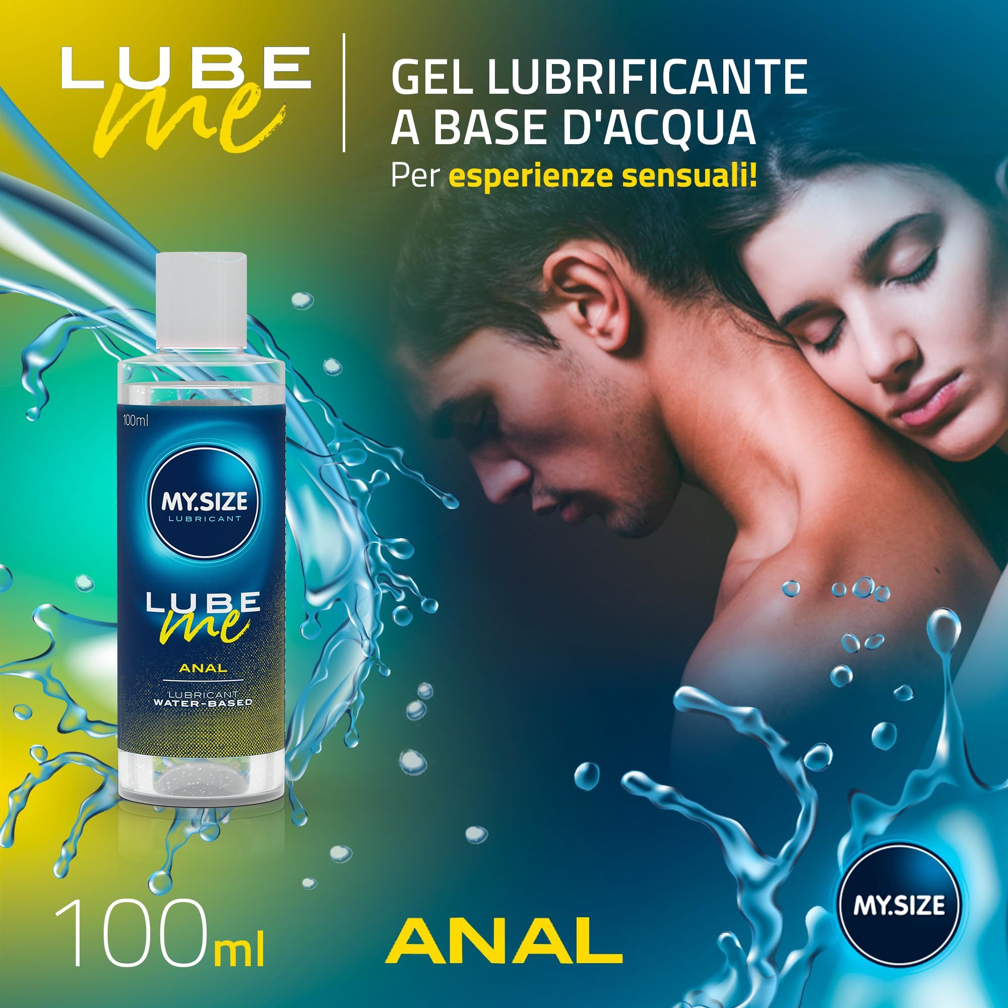 Flacone di gel lubrificante MY.SIZE Lube Me Anal con una coppia che si abbraccia.