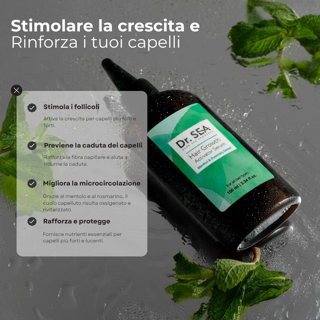 Flacone con testo e icone. Testo: Stimola i follicoli, previene la caduta, migliora la microcircolazione, rafforza e protegge.