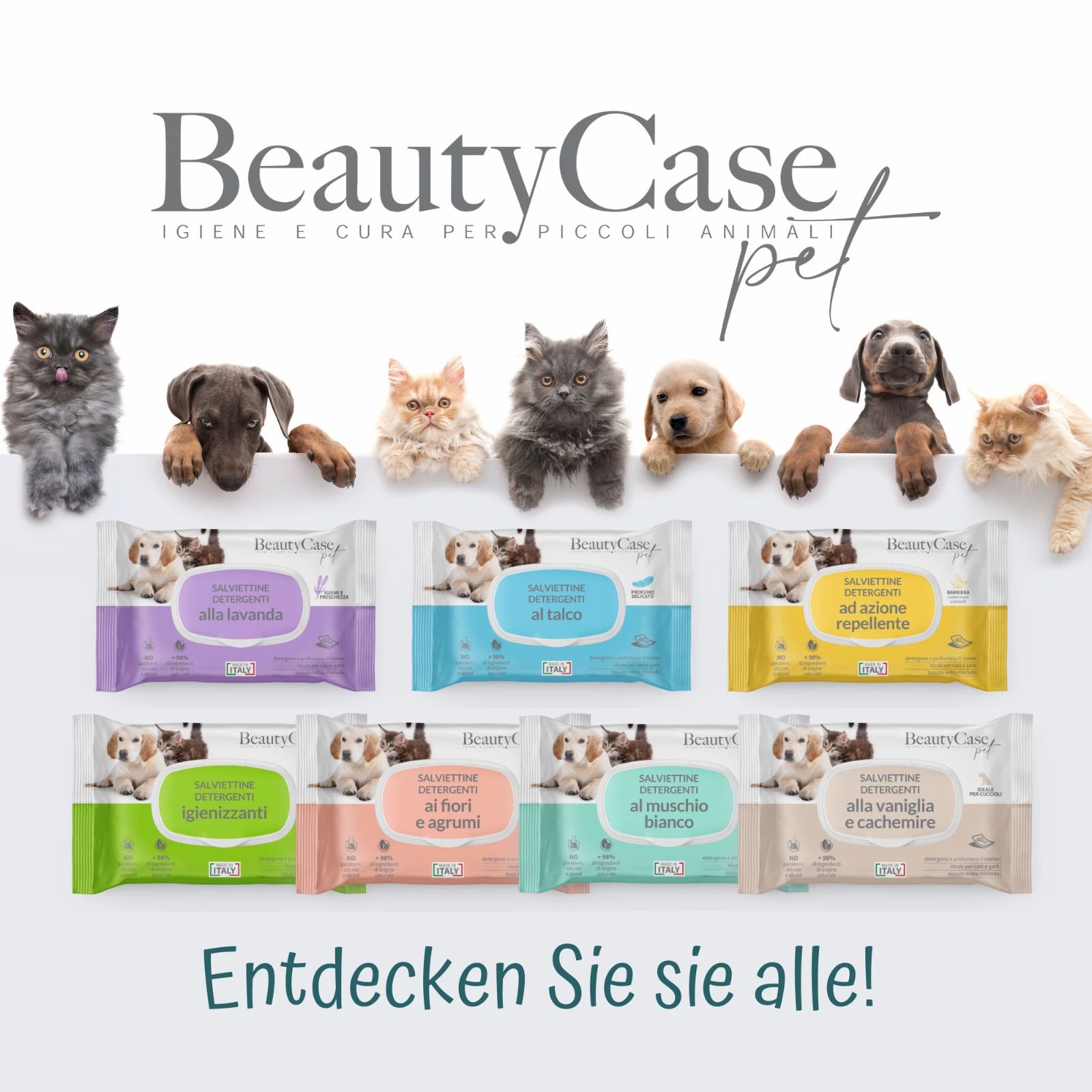 Diversi pacchi di salviette detergenti repellenti per animali. Marca BeautyCase pet. Diverse fragranze.