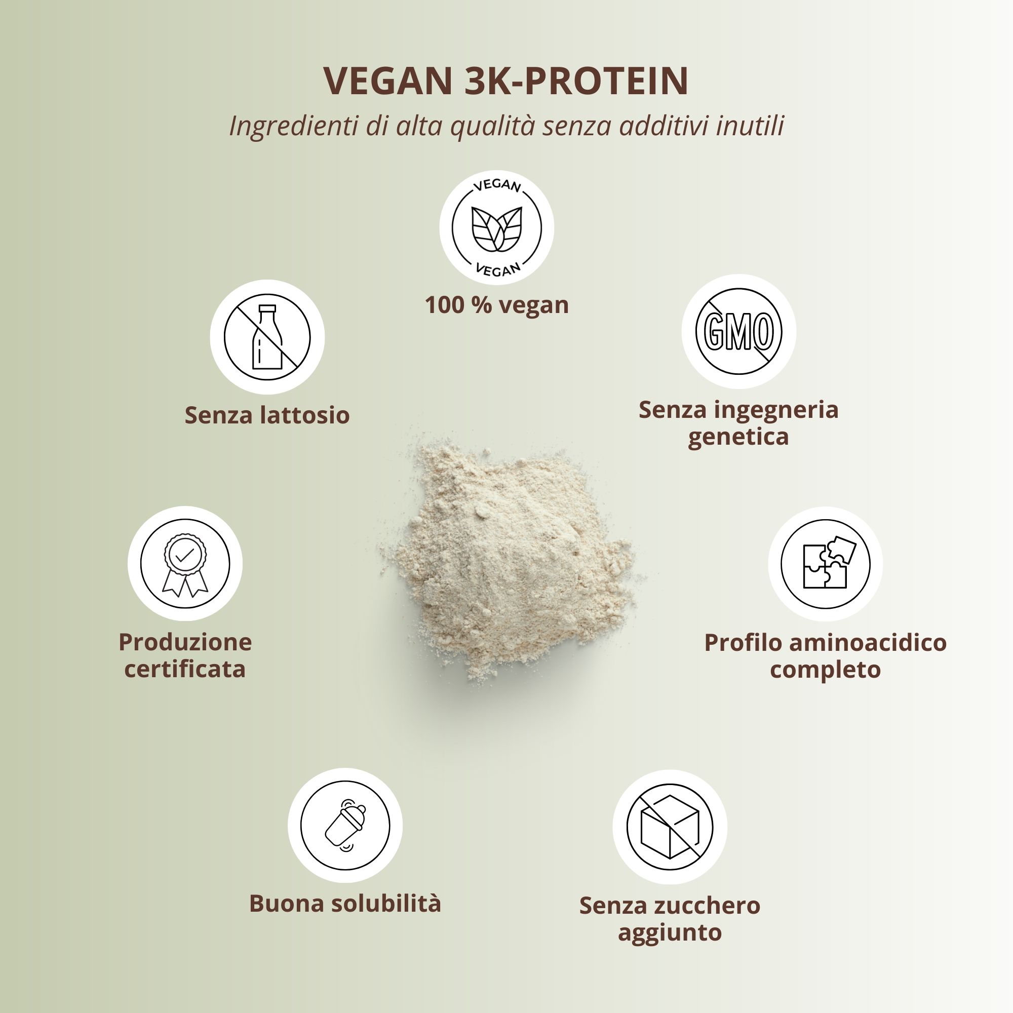 nutri+ Proteine Vegane in Polvere 3k: 100% vegan, senza lattosio, senza OGM, produzione certificata, profilo aminoacidico completo.