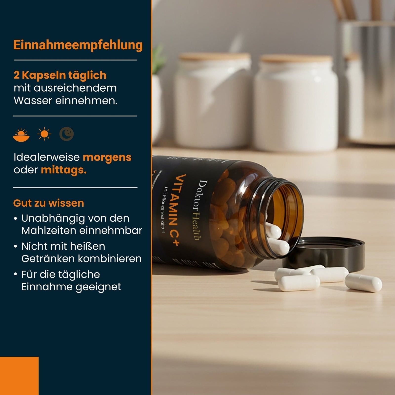 Flacone marrone con capsule bianche. Testo: Raccomandazioni per l'assunzione: 2 capsule al giorno con acqua. Buono a sapersi: Indipendentemente dai pasti.